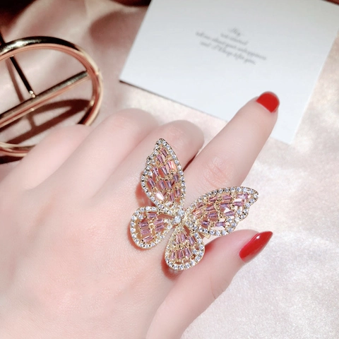 Butterfly Open Ring Copper With Zircon Hollow Sparkling Wings Adjustable Elegant Finger Jewelry For Women Vintage Gift
