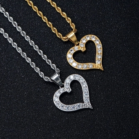 Heart Pendant Necklace 316 Stainless Steel CNC Inlaid Zirconia Hip Hop Style Rope Chain Jewelry For Men Women