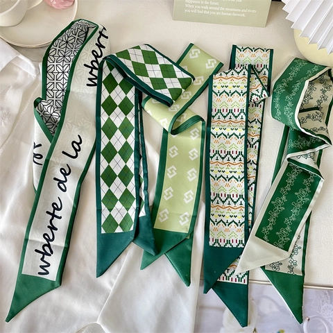 Lange Smalle Satijnen Satijnn Sjaal Hoofdband Voor Dames Haarband Lint Tas Decor Bloemen Geometrisch Patroon