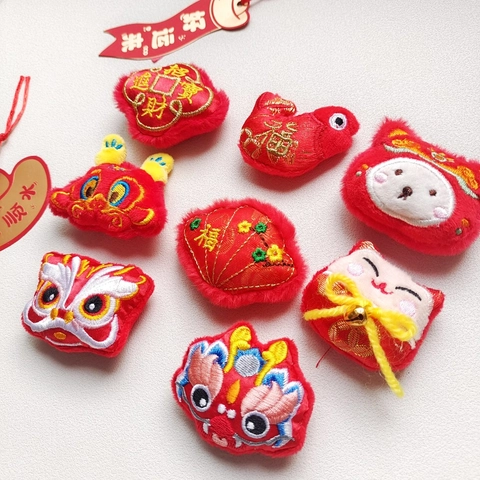Plush Embroidery Pin Brooch Chinese Style Lion Dance Dragon Lucky Cat DIY Accessories For Bags Clothes Hair Clips