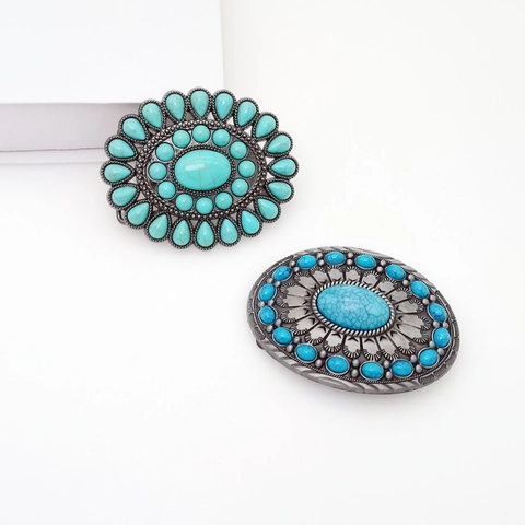 Vintage Western Belt Buckle Zinc Alloy Faux Turquoise Inlay Oval Bohemian Cowboy Style