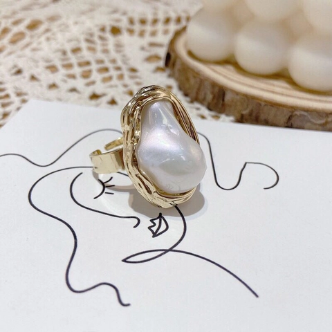 Anello Aperto Con Perla Artificial Barocca Geometrico Irregolare In Lega Regolabile Gioielli Da Dito Stile Vintage Francese Donna