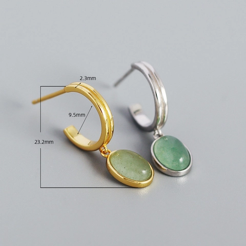 925 Sterling Zilveren Hoop Oorbellen Met Groene Aventurijn Ovalen Hanger Minimalistisch Geometrisch C Vorm Retro Stijl