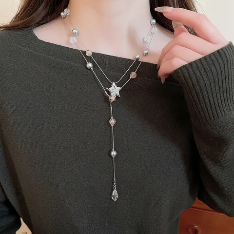 Layered Necklace With Alloy Star Pendant Imitation Artificial Pearl And Water Drop Crystal Trendy Elegant For Women