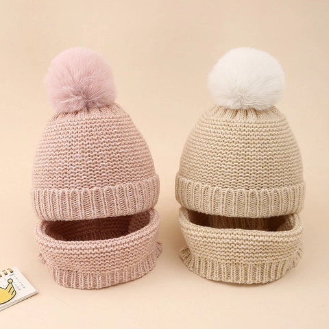 Baby Winter Knit Beanie Hat And Neck Warmer Solid Color Warm Acrylic With Pom Pom For Infants Toddlers