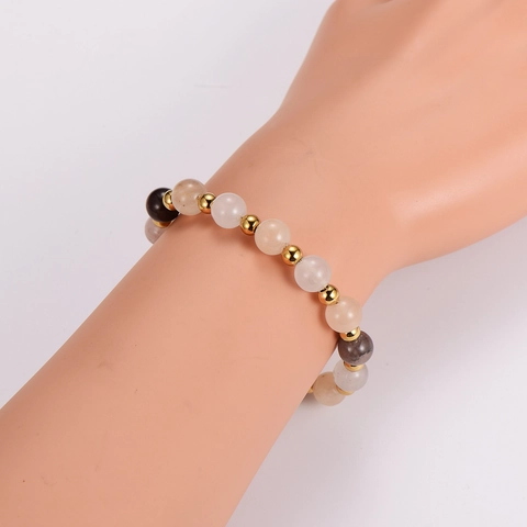 Natural Stone Beaded Bracelet Necklace Jewelry 304 Stainless Steel 18K Gold Plated Adjustable Agate Minimalist Boho For Women Men