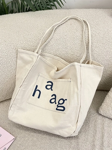 Large Capacity Canvas Tote Bag Cream White Letter Print Shoulder Handbag Casual Commuting Korean Style For Women