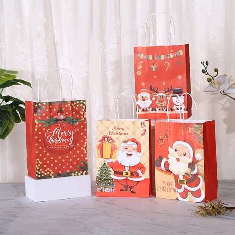 Sacs Cadeaux en Papier Kraft de Noël Avec Poignées Motifs Père Noël Renne Sacs d'Emballage Festifs pour Fêtes