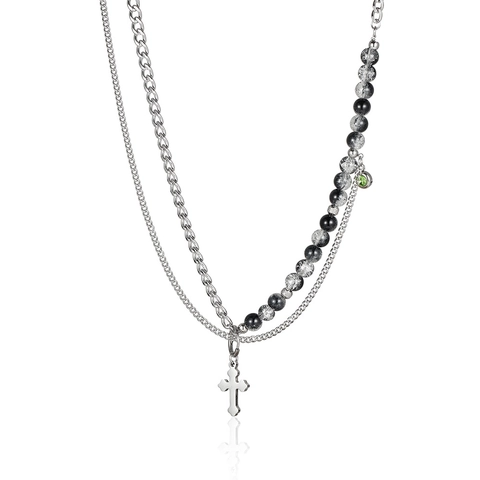 Collier Multi-Rangs Et Boucle D Oreille Acier Inoxydable Chaîne À Perles Pendentif Croix Style Gothique