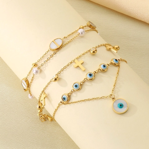 Bracelet De Cheville En Acier Inoxydable Oeil Maléfique Croix Pendentif Plaqué Or Double Couche Künstliche Perle Coquille Bijoux De Pied