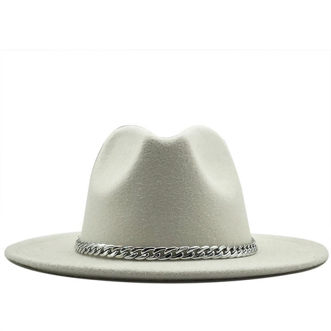 Unisex Wide Brim Felt Fedora Hat With Decorative Metal Chain And Rivet Belt Vintage Trilby Panama Jazz Cap For Daily Wear