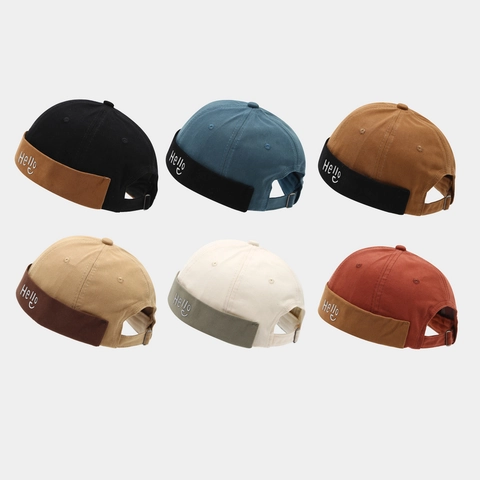 Retro Randlose Docker Mütze Baumwolle Patchwork Miki Hut Verstellbare Metallschnalle Hello Stickerei Unisex