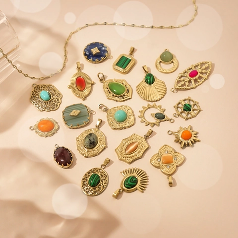 Pendenti Retro In Acciaio Inossidabile Con Pietra Naturale Malachite Turchese Placcato Oro 18K Ciondoli Gioielli DIY