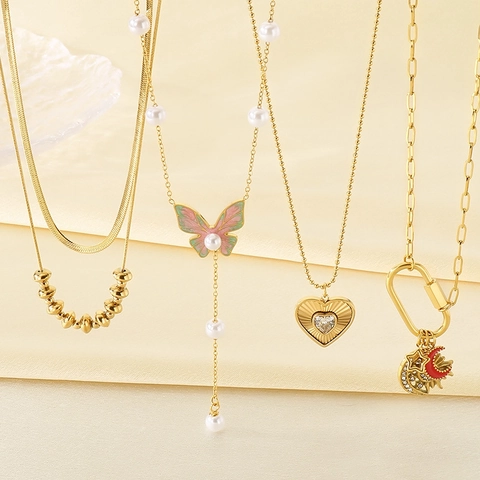 Gold Plated Stainless Steel Pendant Necklace Zircon Faux Artificial Pearl Enamel Heart Butterfly Sun Moon Star For Women Trendy Jewelry