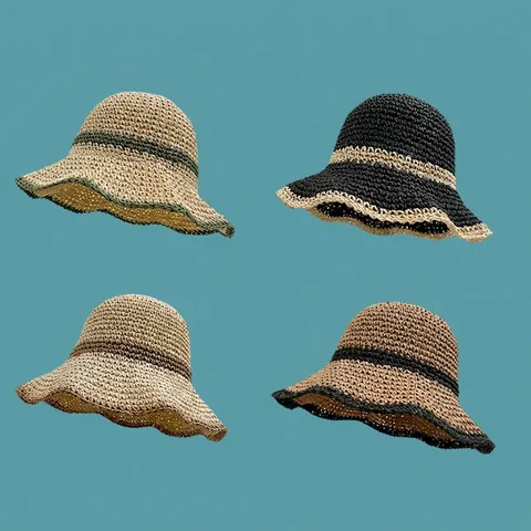 Women Woven Paper Straw Bucket Hat Wide Wavy Brim Breathable Gingham Ribbon Bow Summer Beach Sun Hat