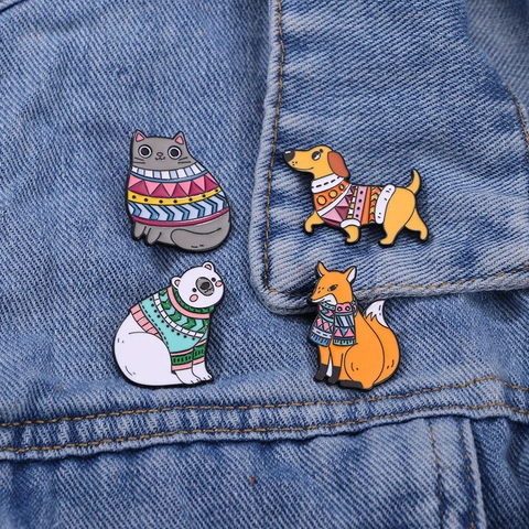 Broches En Émail Alliage Goutte D'huile Dessin Animé Animal Chat Renard Chien Ours Polaire Pull Décoration Pin Pour Manteaux Bijoux