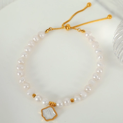 Französisch Elegantes Süßwasserperle Armband Für Damen Edelstahl Perlmutt Muschel Anhänger Verstellbares Armband Schmuck