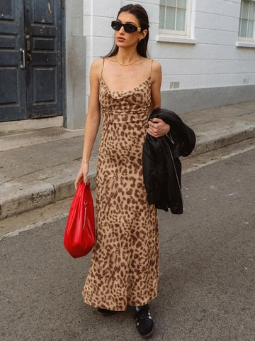 Sexy Maxikleid Damen Leopardenmuster Rückenfrei Spaghettiträger V-Ausschnitt Wasserfallausschnitt Polyester Elasthan