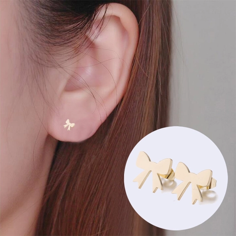 Minimalistische Roestvrijstalen Strik Oorknopjes Fijne Zoete Mode Sieraden Voor Dames Hoogglans Gepolijst