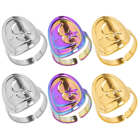 Anello Aperto Regolabile in Acciaio Inossidabile Vintage Donna Uomo Motivo Luna Stella Faccia Anello con Rilievo Geometrico