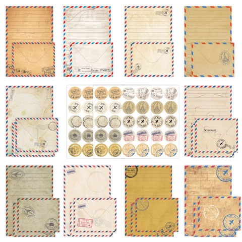 Vintage Aviation Air Mail Letter Paper And Envelope With Decorative Stickers Retro Floral Watercolor Writing Stationery
