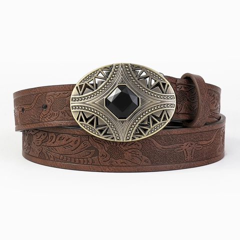 Vintage Western Belt PU Leather Embossed Floral Bull Head Pattern Alloy Buckle Turquoise Decor Cowboy Style