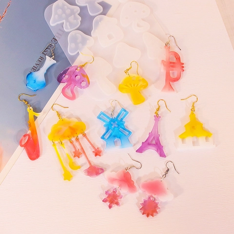 Silicone Earring Molds DIY Resin Casting Tools Musical Instrument Mushroom Building Shape Pendant Making