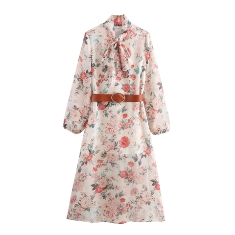 Floral Print Long Sleeve Midi Dress Chiffon Polyester Bow Tie Neck High Waist With Belt Elegant Sweet Pink