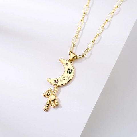Collana Con Ciondolo Orsetto Luna In Rame Placcato Oro Con Zircone Colorato Incisione LOVE Catena Di Clavicola Per Donna