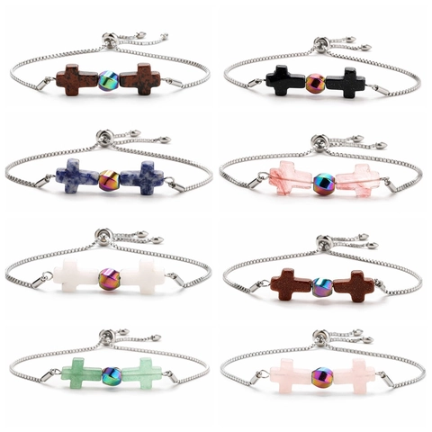 Adjustable Stainless Steel Bracelet Natural Stone Cross Beads Iridescent Bead Slider Clasp Fashion Jewelry For Women