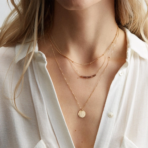 Layered Stainless Steel Necklace Gold Plated Orange Crystal Beads Hammered Round Coin Pendant Multilayer Choker For Women Fashion Jewelry