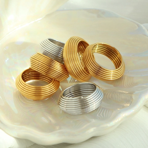 Bague Multi-Couches Acier Inoxydable Large Spirale Géométrique Pour Femmes Mode Plaqué Or 18K Ton Argent
