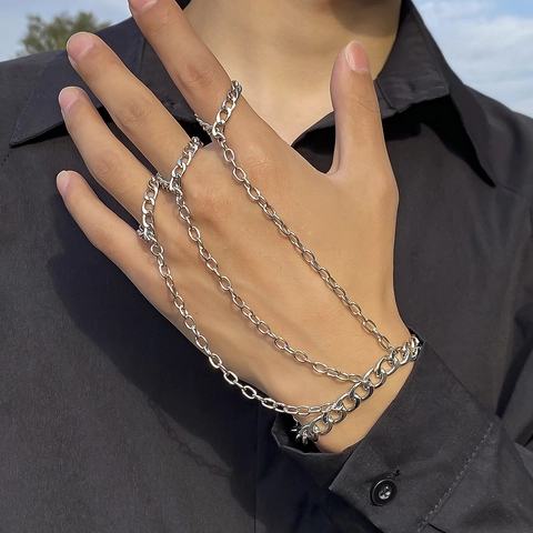 Bracciale Esclave da Uomo in Lega Punk Catena di Giunzione Bracciale con Anello Argento Gotico Catena Dorso Mano Gioielli Hip Hop