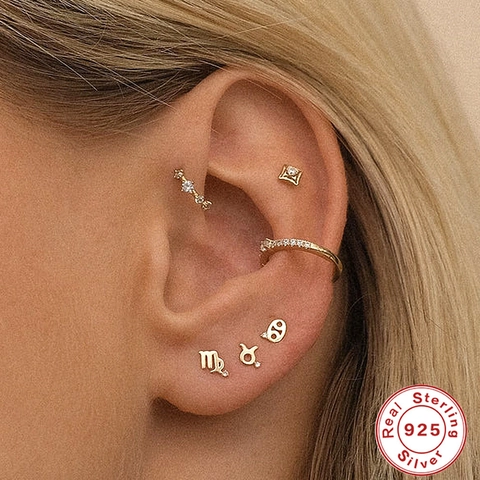 Zodiac Stud Earrings 925 Sterling Silver Zircon Inlaid Gold Plated Constellation Jewelry For Women Girls
