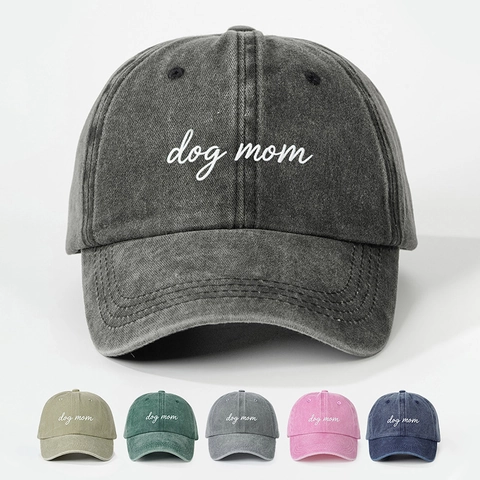 Washed Polyester Baseball Cap Dog Mom Embroidery Adjustable Retro Sun Protection Outdoor Hat