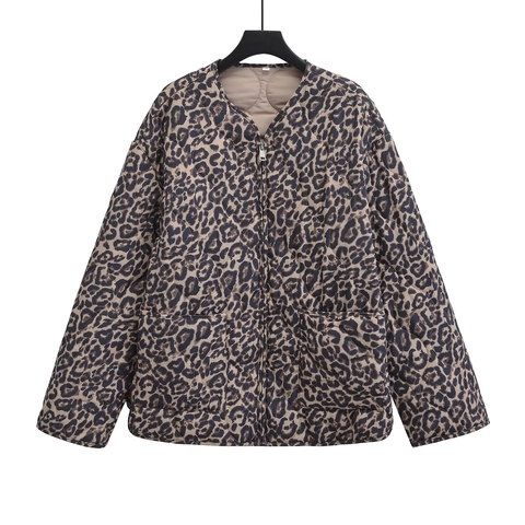 Dames Luipaardprint Gewatteerde Jas Katoen Gevoerd Rits Ronde Hals Lange Mouwen Casual Bovenkleding Jas Met Zakken