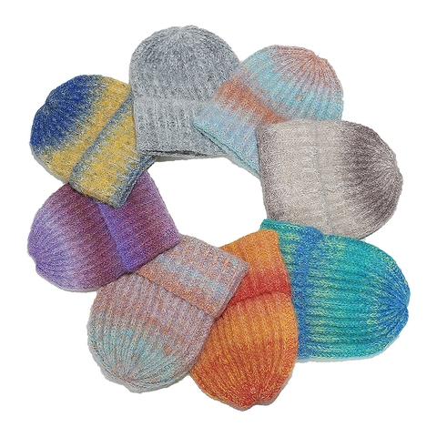 Beanie Hat Knit Acrylic Warm Windproof Winter Tie Dye Gradient Color Ribbed Cuffed Skull Cap For Women Men