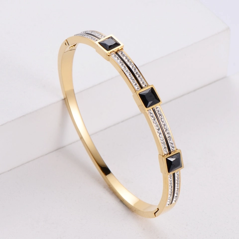 Geometric Bangle 316 Roestvrij Staal Zwarte Steen Strass Scharniersluiting Minimalistische Sieraden Voor Vrouwen
