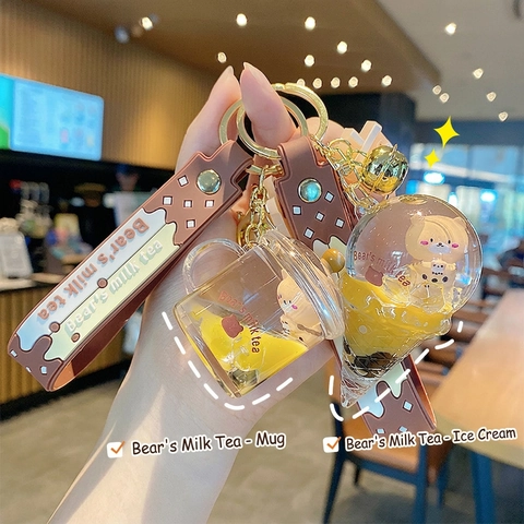 Creative Pearl Milk Tea Bear Keychain Acrylic Liquid Quicksand Pendant Bag Hanging Ornament Cute Cartoon Gift For Women Kids