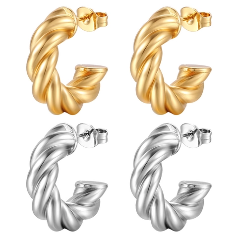 Pendientes De Aro De Cuerda Retorcida Acero Inoxidable Forma En C Joyería Minimalista Dorada Para Mujer