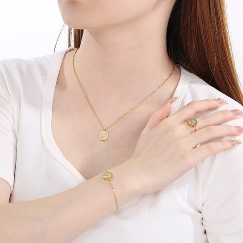 Elegant Flower Stainless Steel Jewelry Necklace Bracelet Ring Earrings Rhinestone Shell Inlay Fashion Clavicle Chain