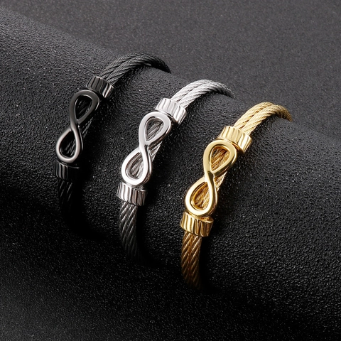 Bracelet En Fil De Câble Tressé Symbole Infini En Acier Inoxydable Manchette Ouverte Bangle Punk Hip Hop Bijoux Pour Hommes