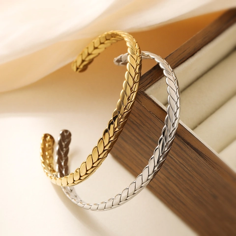 Cuff Bracelet 18K Gold Plated Stainless Steel Wheat Pattern Braided Texture Open Adjustable Fashion Jewelry Women