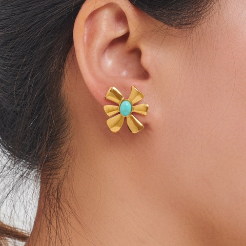 Orecchini a Bottone a Forma di Fiore in Acciaio Inossidabile per Donna Placcati Oro 18K con Perle Artificiali e Pietre