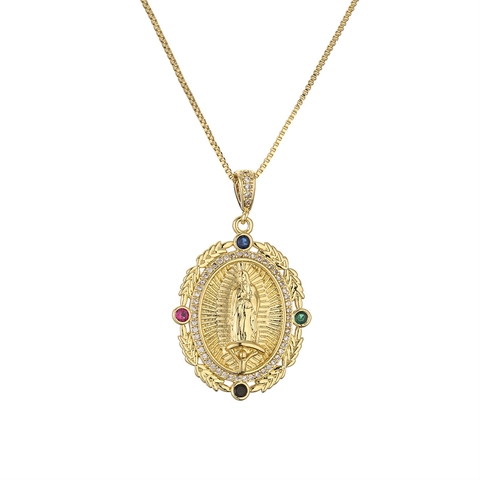 Copper Gold Plated Zirconia Virgin Mary Guadalupe Pendant Necklace Catholic Religious Box Chain Jewelry For Men Women