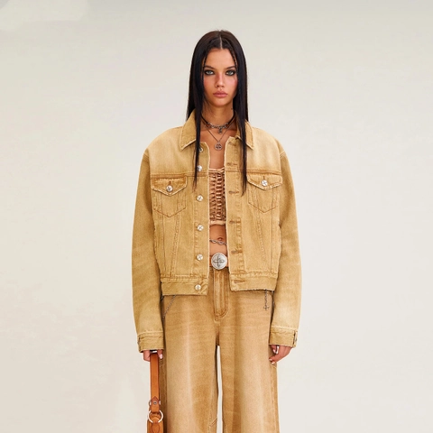 Giacca Di Jeans Vintage Da Donna Lavata Marrone Cotone Streetwear Abbottonata Colletto A Revers Capispalla