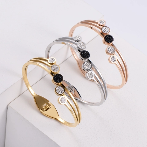 Triple Layer Hollow Bangle 316 Stainless Steel Jewelry With Black White Zirconia Rounds Plated Gold Elegant For Women