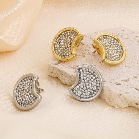 Pendientes De Botón De Luna Creciente De Acero Inoxidable Con Diamantes De Imitación Oro De 18K Para Mujeres