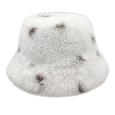Women Faux Fur Bucket Hat Spotted Pattern Warm Thickened Winter Round Top Fisherman Hat