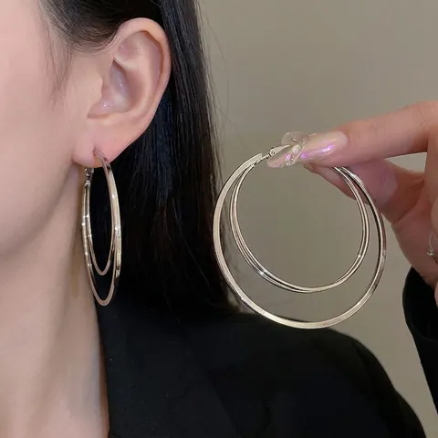 Double Layer Round Hoop Earrings For Women Minimalist Geometric Metal Jewelry With Silver Earring Post Fashion Exaggerated